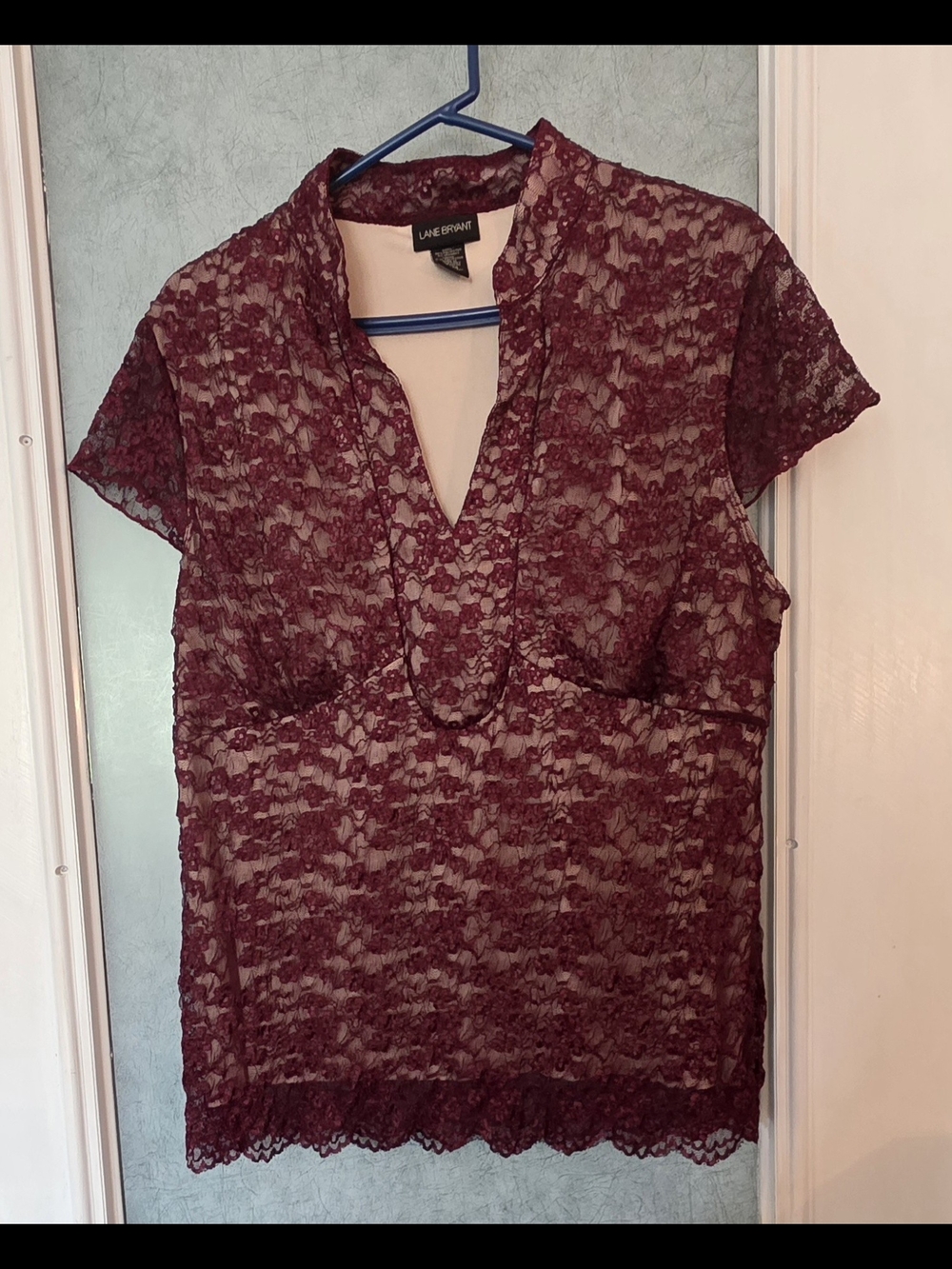 Lane Bryant Wine Lace Short Sleeve V-Neck Top